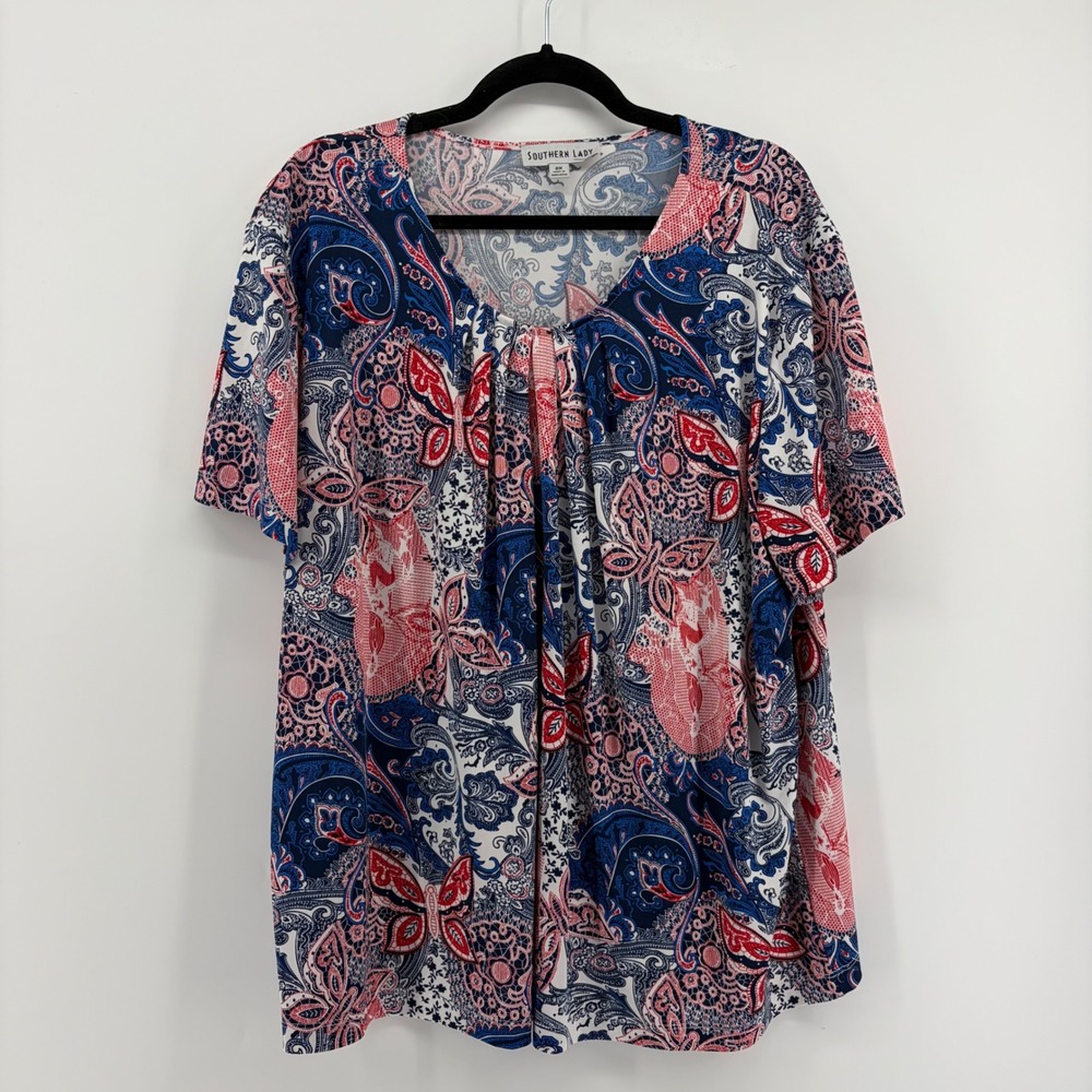 Southern Lady Paisley Butterfly Print V Neck Tunic Top Women's Plus Size 2X‎